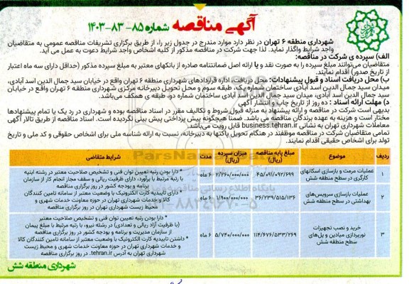 مناقصه عملیات مرمت و بازسازی اسکانهای کارگری در سطح منطقه شش...