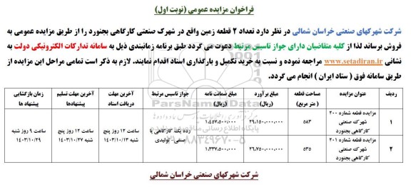 مزایده فروش تعداد 2 قطعه زمین 