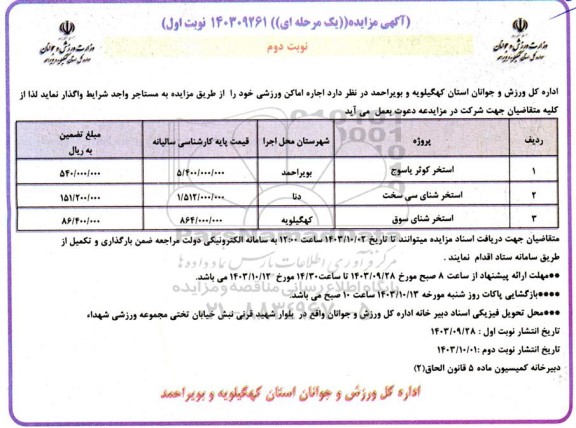 مزایده اجاره اماکن ورزشی نوبت اول نوبت دوم