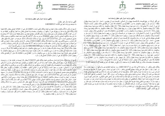 مزایده فروش میزان شش دانگ یک باب مغازه تجاری تحت پلاک ثبتی شماره 11005 فرعی از 1569 اصلی