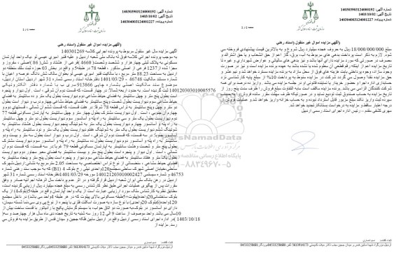 مزایده یک اپارتمان مسکونی به پلاک ثبتی 4660 فرعی از هشتاد و شش 86 