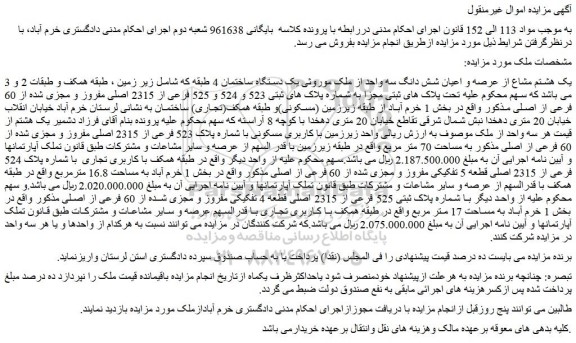 مزایده یک هشتم مشاع از عرصه و اعیان شش دانگ سه واحد از ملک موروثی یک دستگاه ساختمان 4 طبقه که شامل زیر زمین