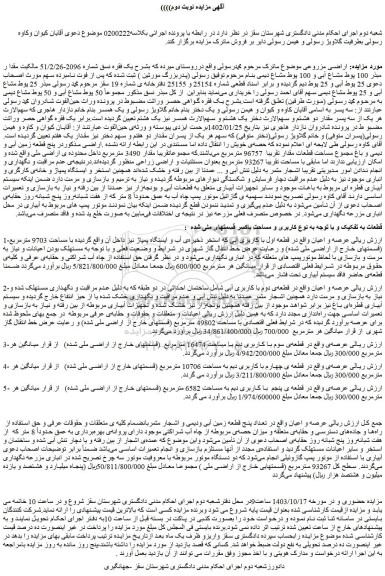 مزایده زمین مقدار مبذر 100 پوط مشاع آبی و 100 پوط مشاع دیمی