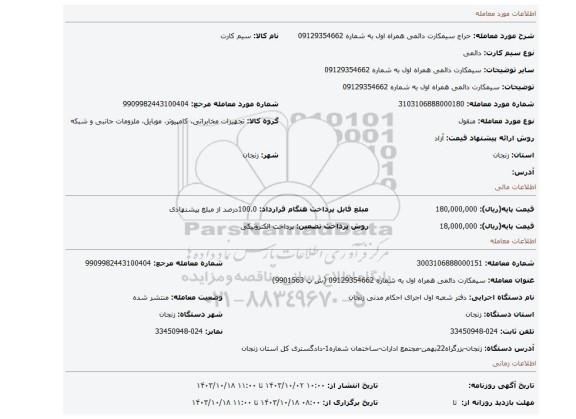 مزایده، سیمکارت دائمی همراه اول به شماره 09129354662