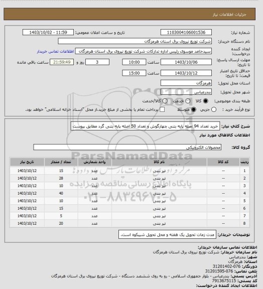 استعلام خرید تعداد 94 اصله پایه بتنی چهارگوش و تعداد 50 اصله پایه بتنی گرد مطابق پیوست