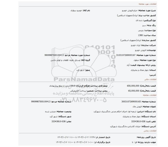 مزایده، فروش خودرو