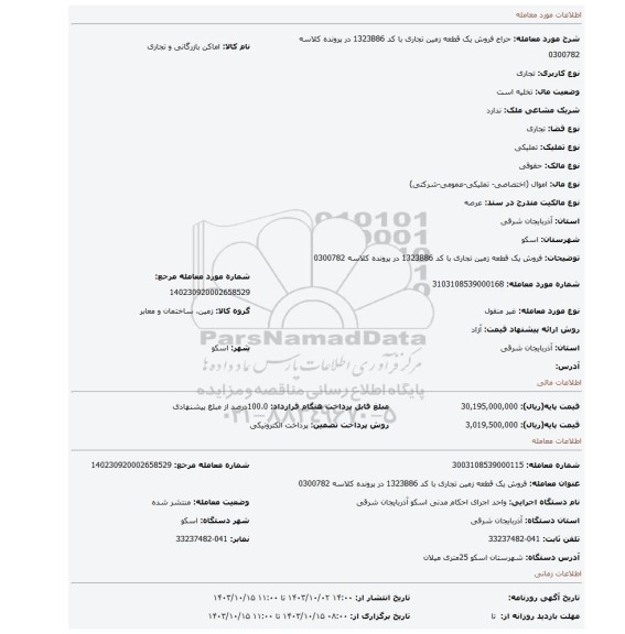 مزایده، فروش یک قطعه زمین تجاری با کد 1323B86 در پرونده کلاسه 0300782