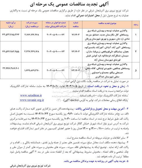 تجدید مناقصه عمومی واگذاری عملیات توسعه و بهسازی شبکه برق روستاهای گال...