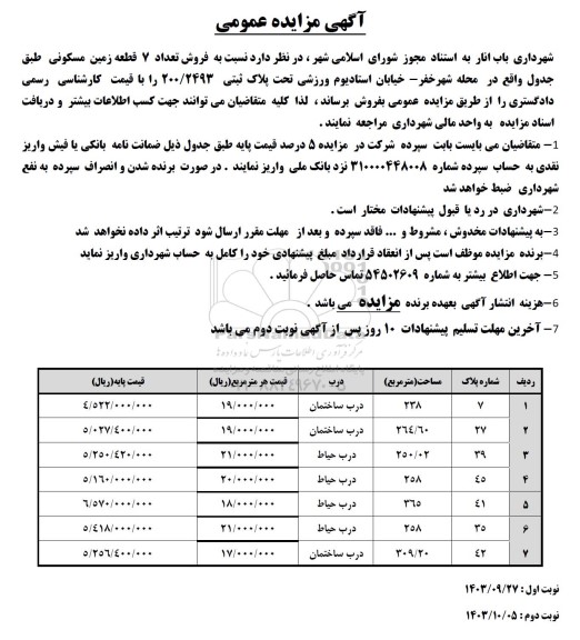 مزایده فروش تعداد 7 قطعه زمین مسکونی نوبت دوم
