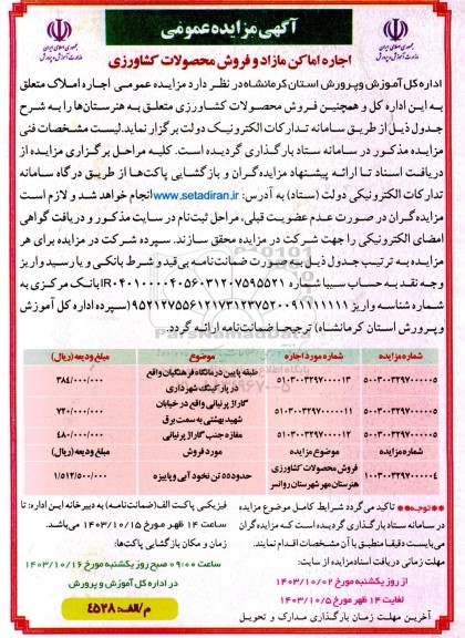 مزایده اجاره اماکن مازاد و فروش محصولات کشاورزی