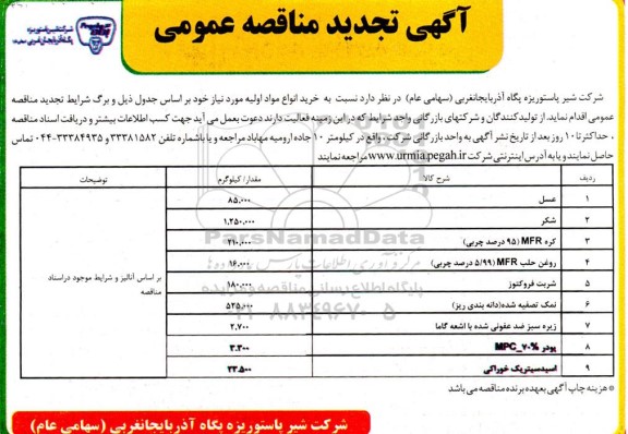 تجدید مناقصه خرید انواع مواد اولیه