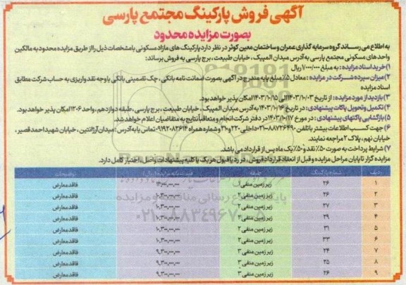 مزایده فروش پارکینگ های مازاد مسکونی