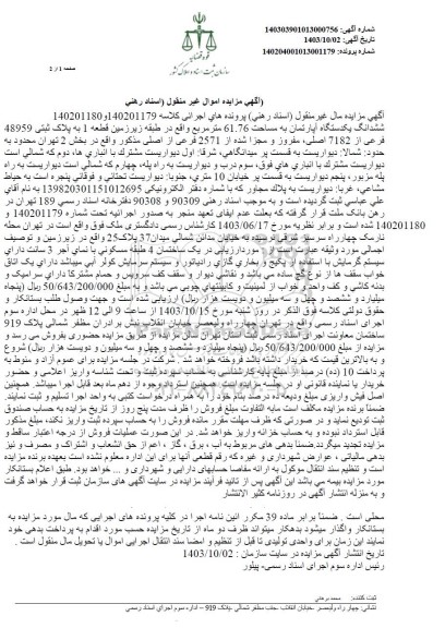 مزایده ششدانگ یک دستگاه اپارتمان به مساحت 61.76 مترمربع