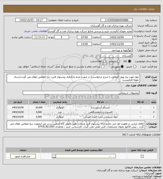 استعلام مواد مورد نیاز بویلر (مطابق با شرح درخواست) در صورت عدم بارگذاری پیشنهاد فنی، نرخ اعلامی ابطال می گردد.ارسال نمونه الزامیست