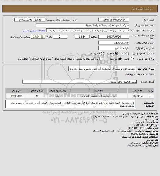 استعلام تعویض کنتور و نوسازی انشعابات آب شرب شهر و بخش شاندیز