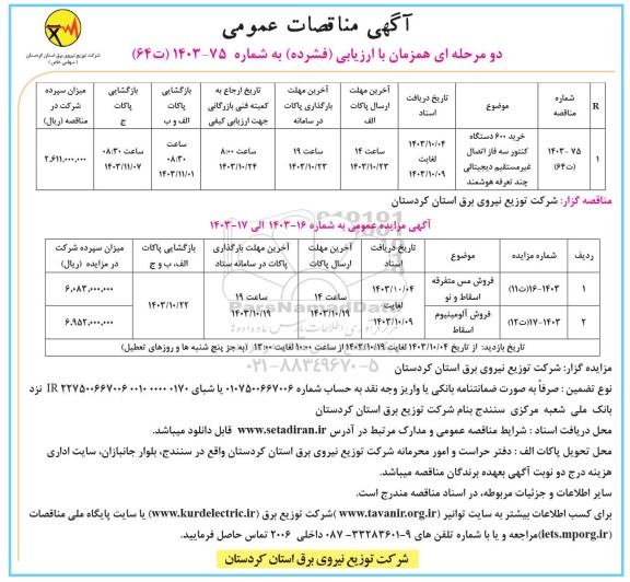 مزایده و مناقصه خرید 600 دستگاه کنتور سه فاز اتصال... 