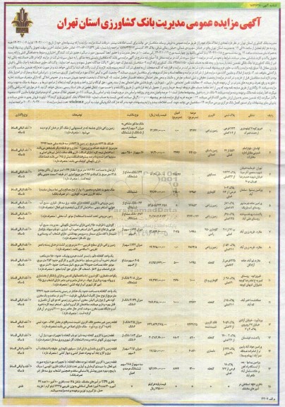 مزایده فروش املاک مازاد با کاربری زمین زراعی - مسکونی - گاوداری - گلخانه - دامداری