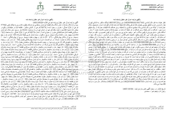 مزایده یک قطعه آپارتمان مسکونی به مساحت 94.81 مترمربع 