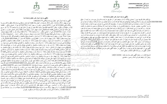 مزایده فروش ششدانگ عرصه و اعیان یک قطعه آپارتمان مسکونی به پلاک ثبتی 512484 فرعی