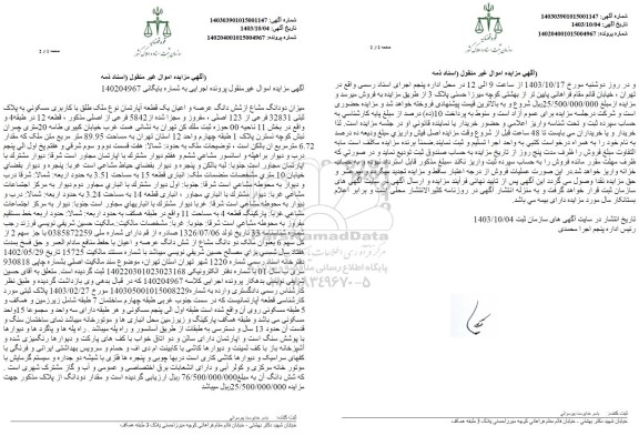 مزایده دو دانگ مشاع از ششدانگ عرصه یک قطعه آپارتمان مسکونی