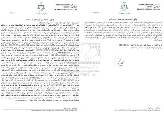 مزایده فروش ششدانگ یک قطعه آپارتمان به پلاک ثبتی 25876 فرعی از 123 اصلی 