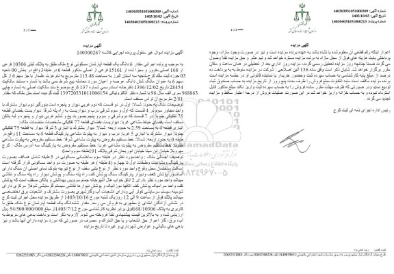 مزایده 6 دانگ از یک قطعه اپارتمان مسکونی پلاک ثبتی 10306 فرعی از 168 اصلی 
