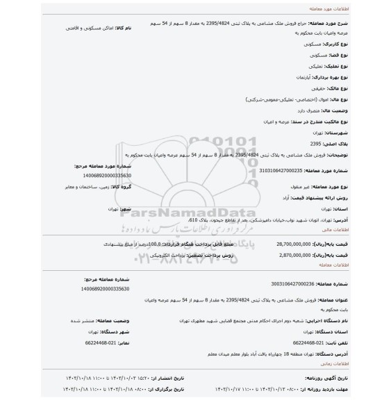 مزایده، فروش ملک مشاعی به پلاک ثبتی 2395/4824  به مقدار 8 سهم از 54 سهم عرصه واعیان بابت محکوم به