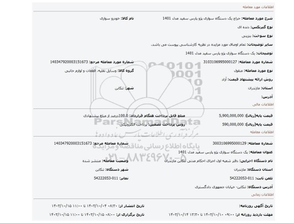 مزایده، یک دستگاه سواری پژو پارس سفید مدل 1401
