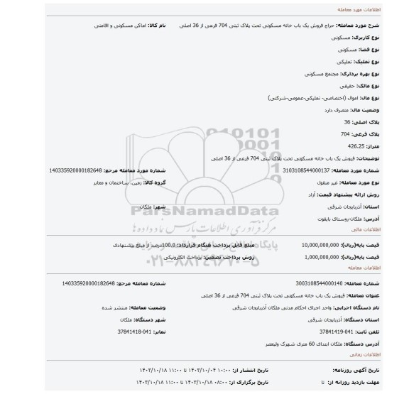 مزایده، فروش یک باب خانه مسکونی تحت پلاک ثبتی 704 فرعی از 36 اصلی