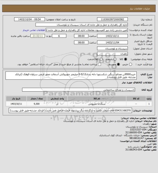 استعلام خرید9500تن مصالح سنگی شکستهبا دانه بندی5/12-0 میلیمتر جهتروکش آسفالت محور فرعی سراوان-کوهک (ایرانکد مشابه- طبق فایل پیوست )