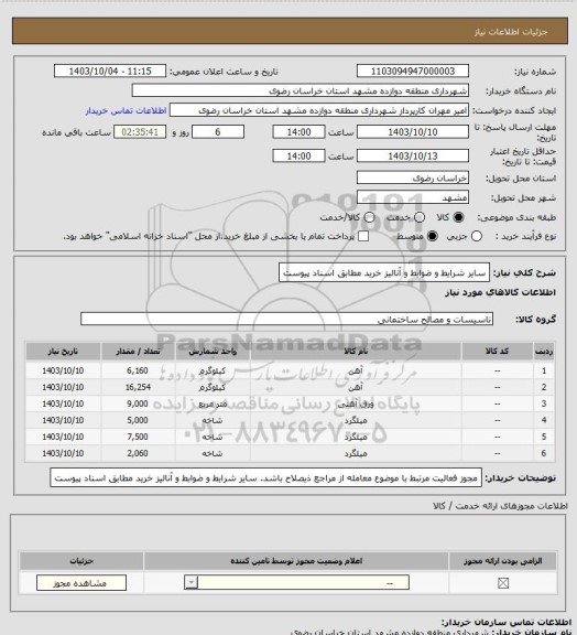 استعلام سایر شرایط و ضوابط و آنالیز خرید مطابق اسناد پیوست