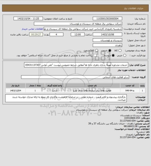 استعلام خدمات مشاوره بهینه سازی باطری خانه ها"مطابق شرایط خصوصی پیوست "تلفن تماس 05431137307