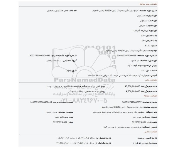 مزایده، مزایده آپارتمان پلاک ثبتی 514/26 بخش 8 اهواز