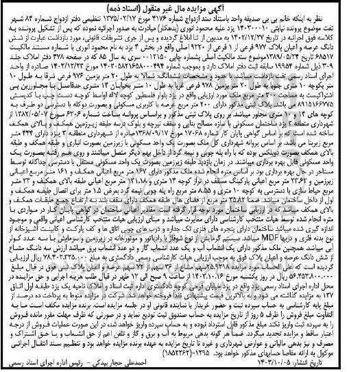 مزایده فروش ششدانگ عرصه و اعیان پلاک 977 فرعی