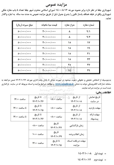 مزایده تعداد 8 باب مغازه ملکی شهرداری