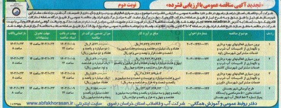 مناقصه عمومی برون سپاری فعالیتهای بهره و نگهداری از تاسیسات آب شرب و خدمات مشترکین... نوبت دوم 