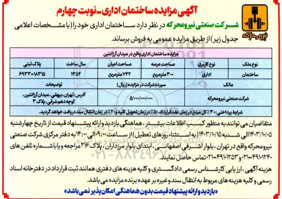 مزایده فروش ساختمان اداری به مساحت عرصه 300 مترمربع نوبت چهارم
