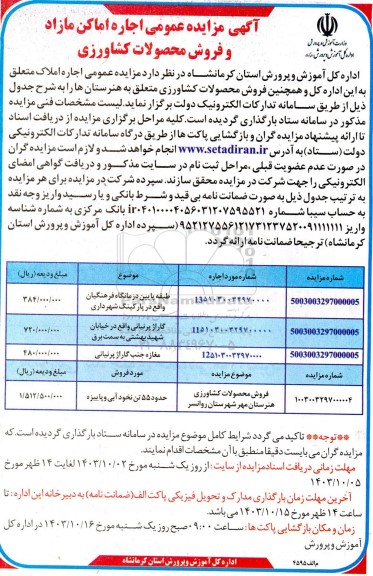 مزایده اجاره اماکن مازاد و فروش محصولات کشاورزی