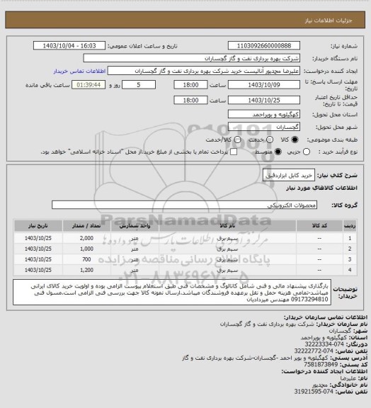استعلام خرید کابل ابزاردقیق
