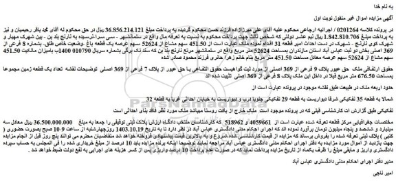 مزایده  451.50 سهم مشاع از 52624 سهم عرصه یک قطعه باغ -وضعیت خاص طلق- بشماره 8 فرعی از 369 اصلی