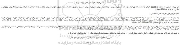 مزایده یک ونیم دانگ مشاع از شش دانگ مشاع عرصه یک قطعه زمین به مساحت 1000 متر مربع به پلاک ثبتی 2922 فرعی از 201 اصلی