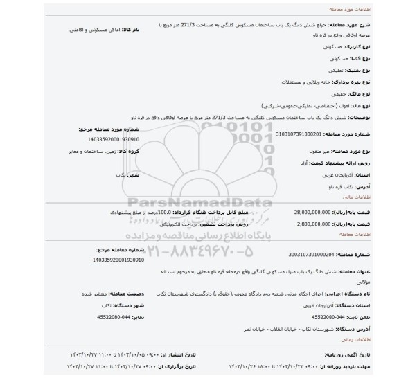 مزایده، شش دانگ یک باب ساختمان مسکونی کلنگی به مساحت 271/3 متر مربع با عرصه اوقافی واقع در قره ناو