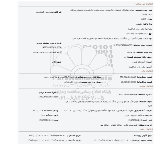 مزایده، چهاردانگ ازشش دانگ مشاع عرصه واعیان یک قطعه باغ متعلق به اقای سعید قمری