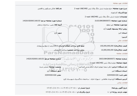 مزایده، مزایده شش دانگ پلاک ثبتی 168/2482 قطعه 2