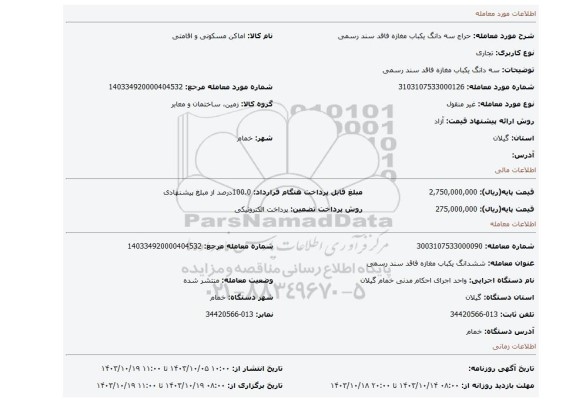 مزایده، سه دانگ یکباب مغازه فاقد سند رسمی
