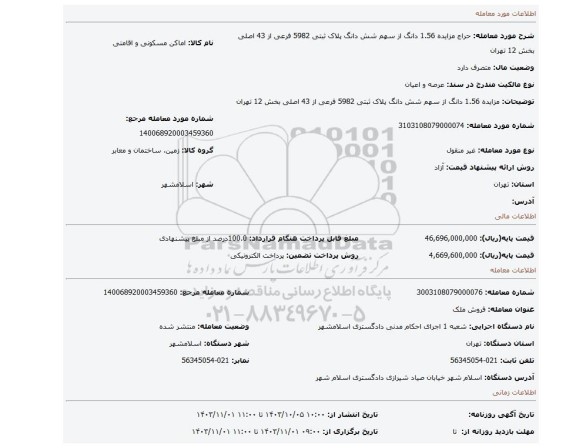 مزایده، مزایده 1.56 دانگ از سهم شش دانگ پلاک ثبتی 5982 فرعی از 43 اصلی بخش 12 تهران