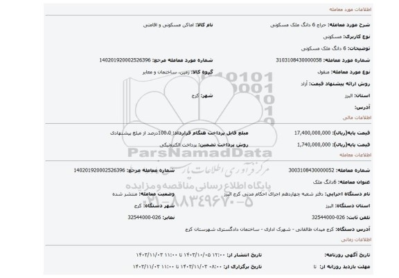 مزایده، 6 دانگ ملک مسکونی