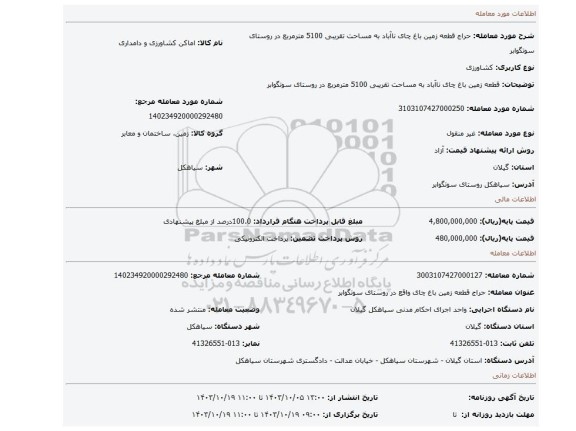 مزایده، قطعه زمین باغ چای ناآباد به مساحت تقریبی 5100 مترمربع در روستای سوتگوابر