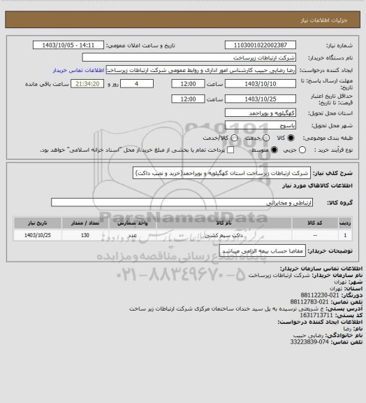 استعلام شرکت ارتباطات زیرساخت استان کهگیلویه و بویراحمد(خربد و نصب داکت)