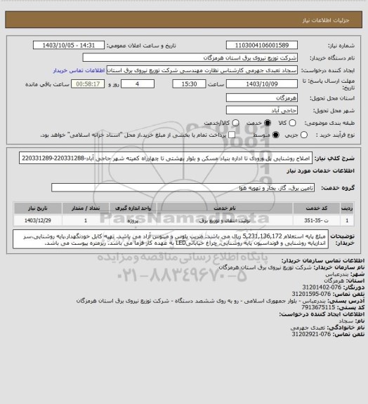 استعلام اصلاح  روشنایی پل ورودی تا اداره بنیاد مسکن و  بلوار بهشتی تا چهارراه کمیته شهر حاجی آباد-220331288-220331289
